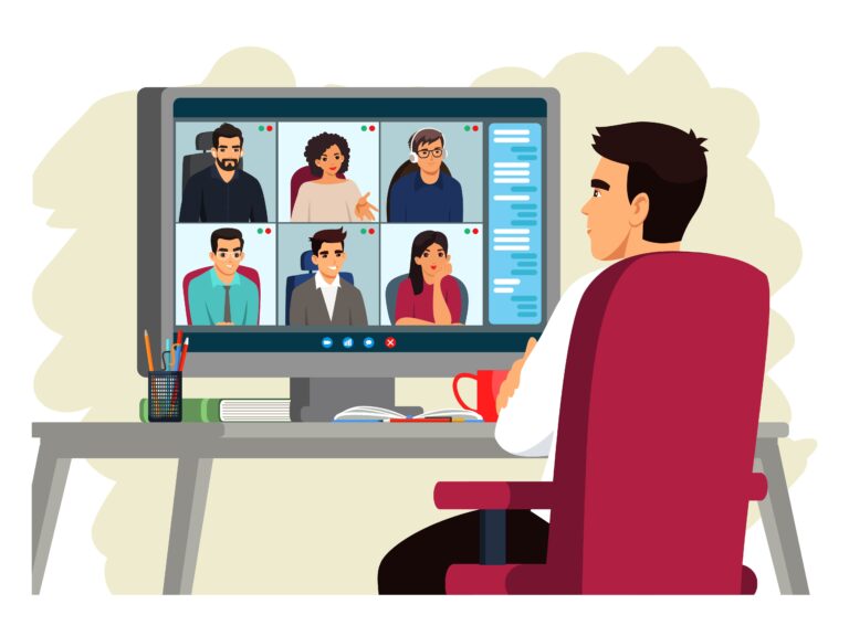 man at online video conference, group communication via computer screen. guy sitting at home chair, listening to meeting or webinar, remote working or learning.